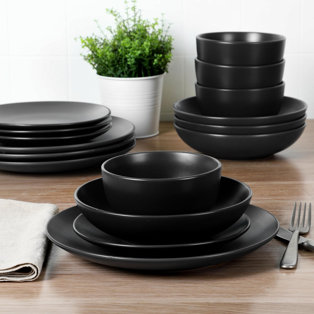 Queenslane 16-Piece Matte Black Stoneware Dinnerware Set - Double Bowl Plates and Bowls, Durable Kitchen Dinner Set
