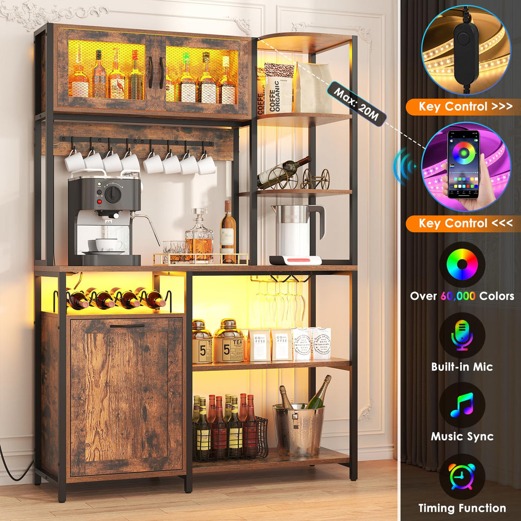 Bakers Rack with Power Outlet and LED Light, 42.5 inch Industrial Coffee Bar Cabinet with Trash Can Storage Bin