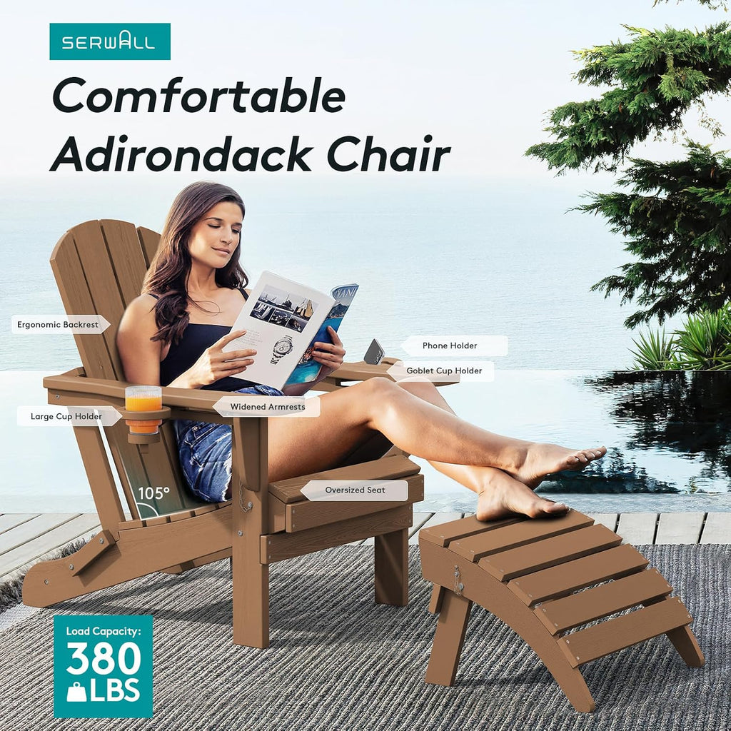 Outdoor Adirondack Chair Set of 2 with 2 Cup Holders,Foldable,Brown | HDPE Composite,Waterproof,Wood Grain,Cup &