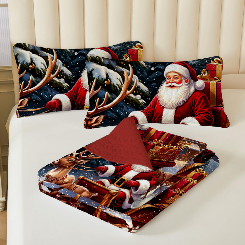 Merry Christmas Patchwork Quilt Set King- Santa Claus Sled Tree Snowflakes Checkered Printed Holiday Bedding Set