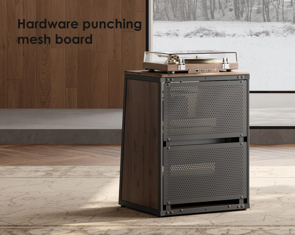 4-Tier Media Stand with Brown Glass Doors & Wooden Shelf, Walnut