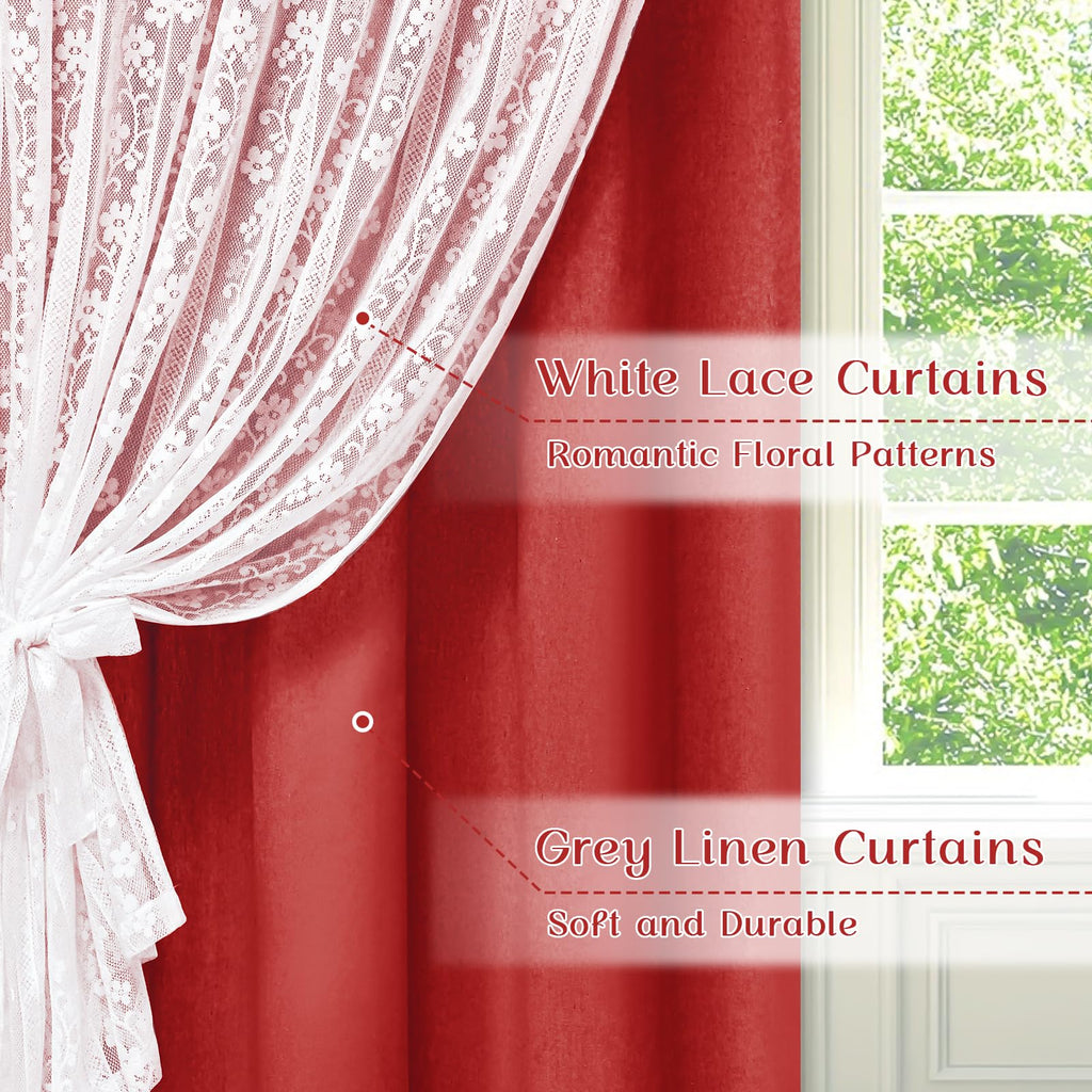 Linen Curtains Double Layers Curtains Farmhouse Window Curtain with Linen Lace, Light Filtering Curtain 63 Inch