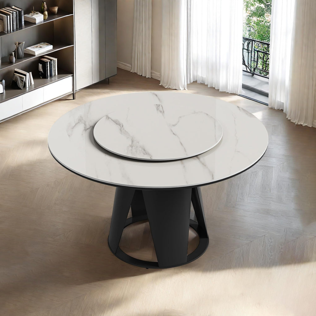 59" Round Dining Table, Modern Turntable Marble Dining Table with Lazy Susan, Sintered Stone Tabletop Dining Room