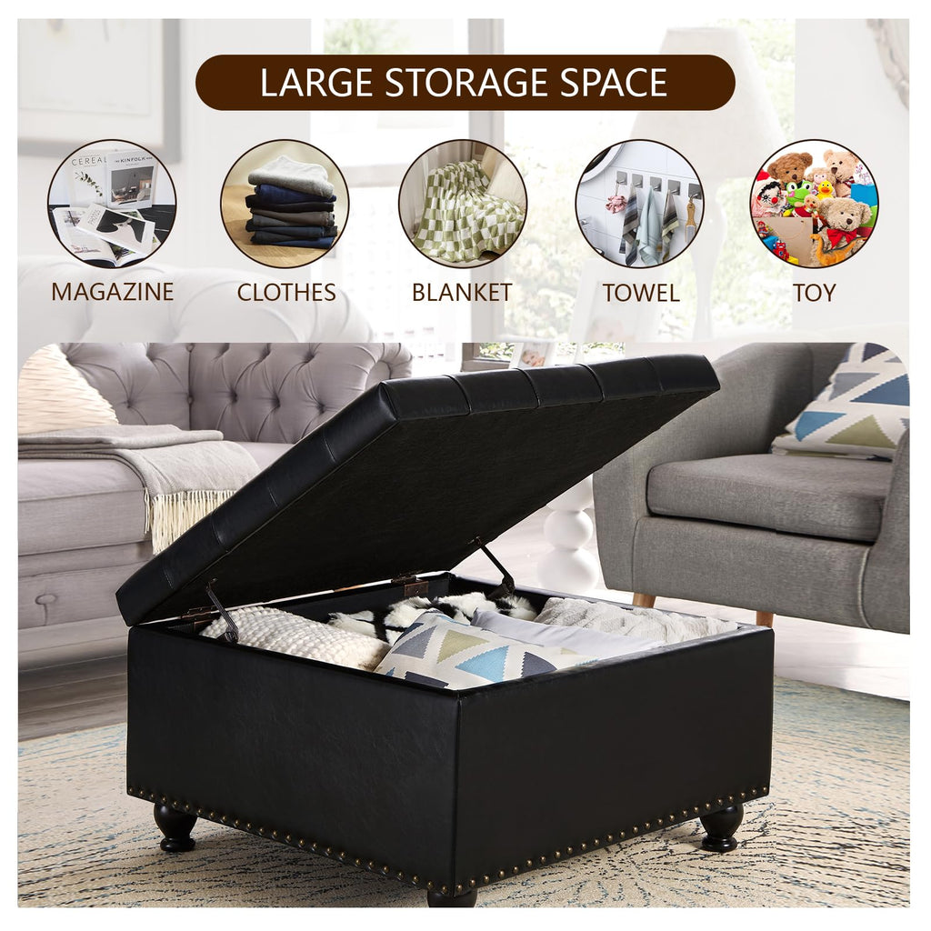 30 Inch Square Ottoman with Storage Oversized Button Tufted Storage Ottoman with Nail Trims Faux Leather Padded Seat