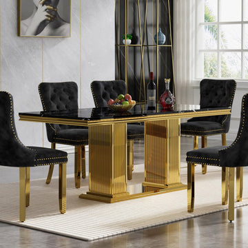 68" Faux Marble Black Gold Dining Table for 6, Modern Dining Room Table with 0.71" Marble Printing MDF Top and Dual