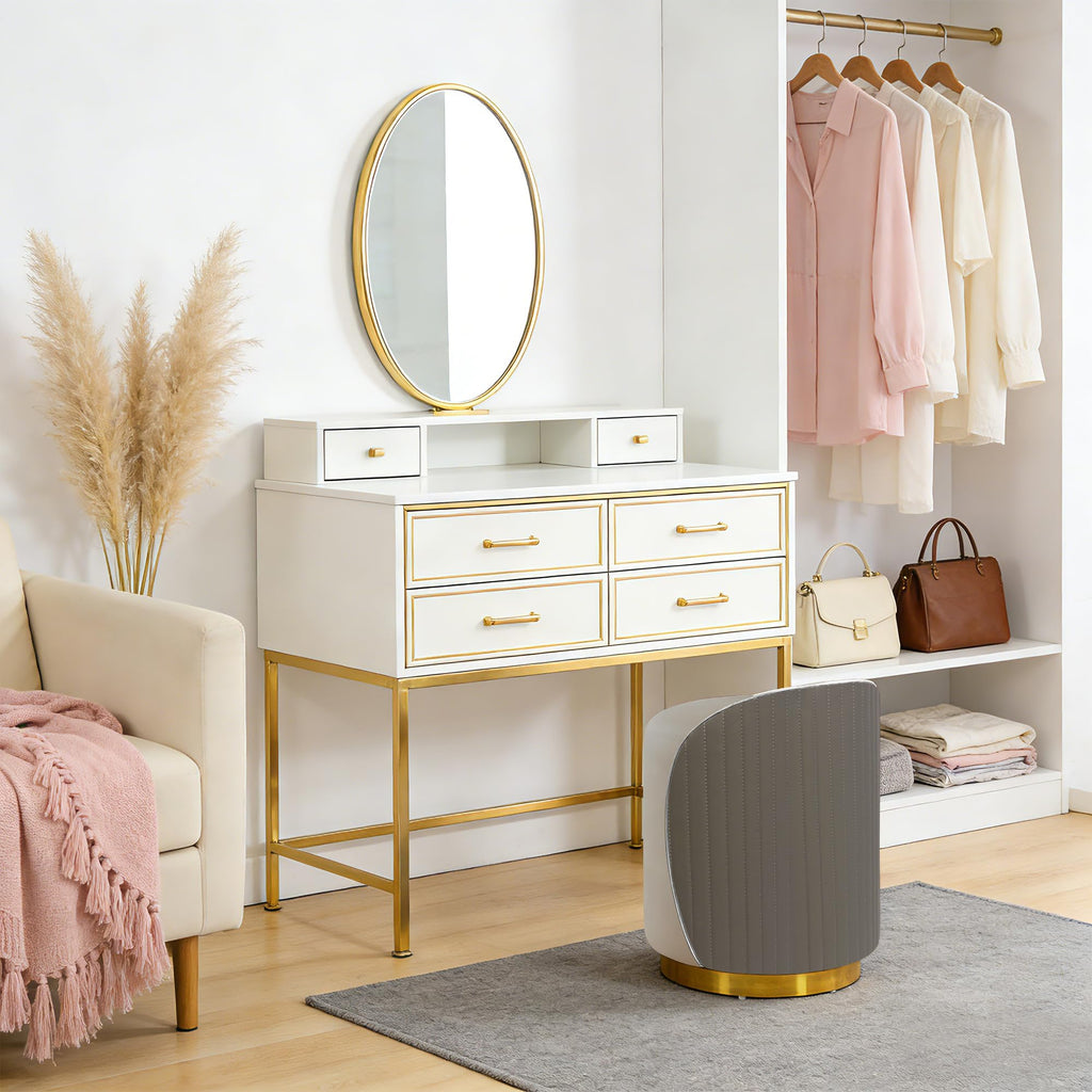 Vanity Chair with Back, Leather Vanity Stool - 360° Swivel Makeup Chair, No Assembly Upholstered Comfy Makeup Stool
