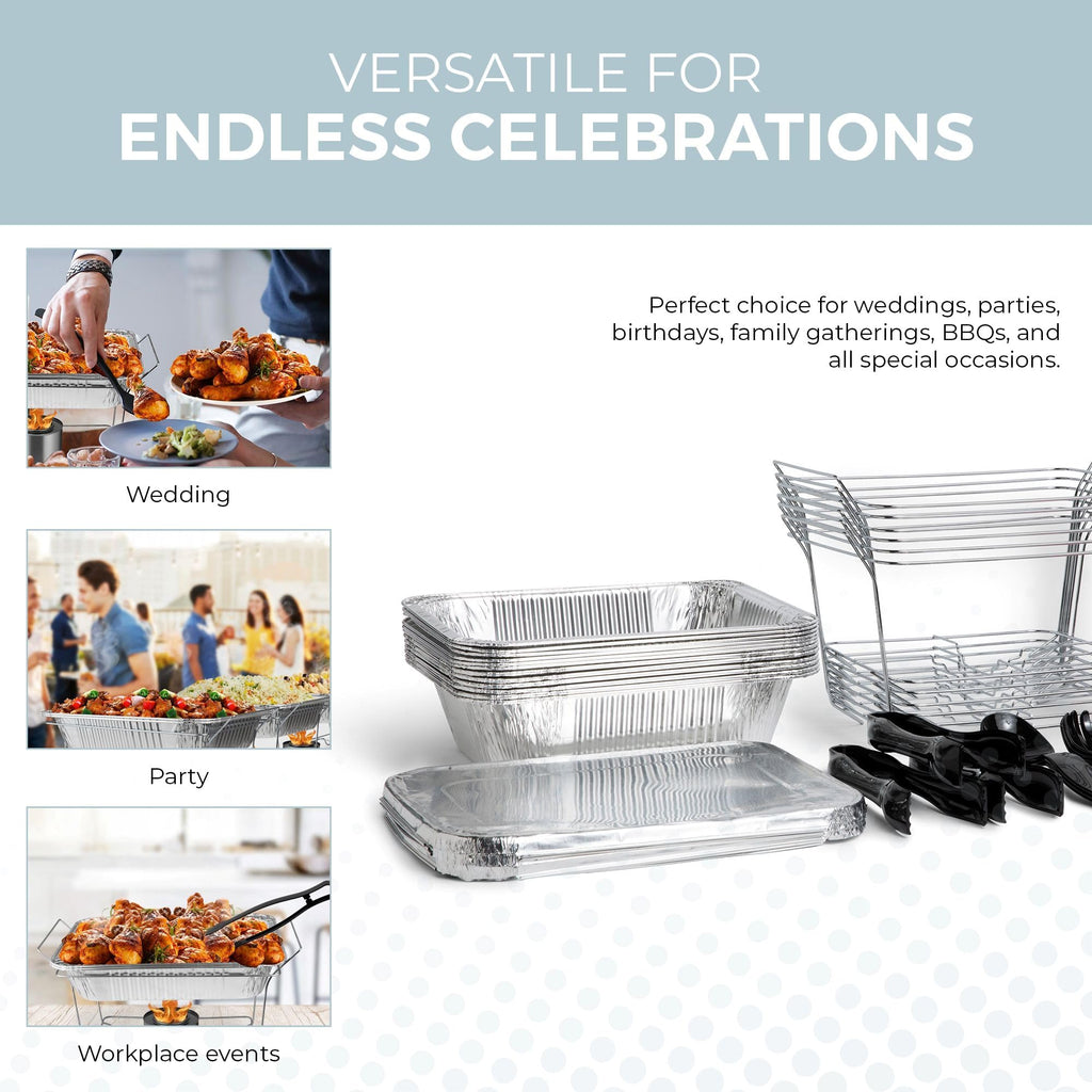 6 Pack - Disposable Chafing Dish Buffet Set, Half Size Pans, Welded Body Food Warmers for Parties, Fuel Cans Complete