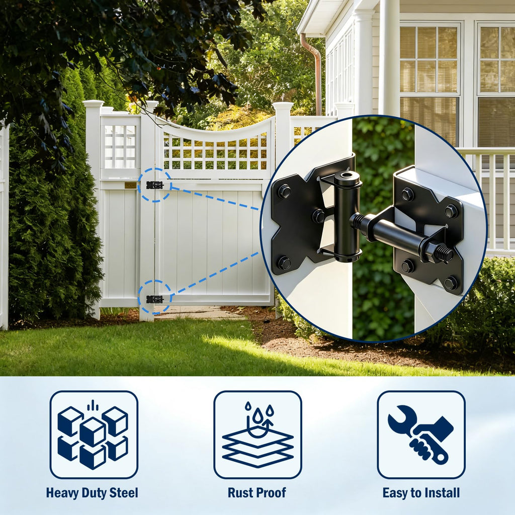 Adjustable Self-Closing Gate Hinges and Self-Locking Gate Latch Hardware Kit, Heavy Duty Black Gate Hardware for