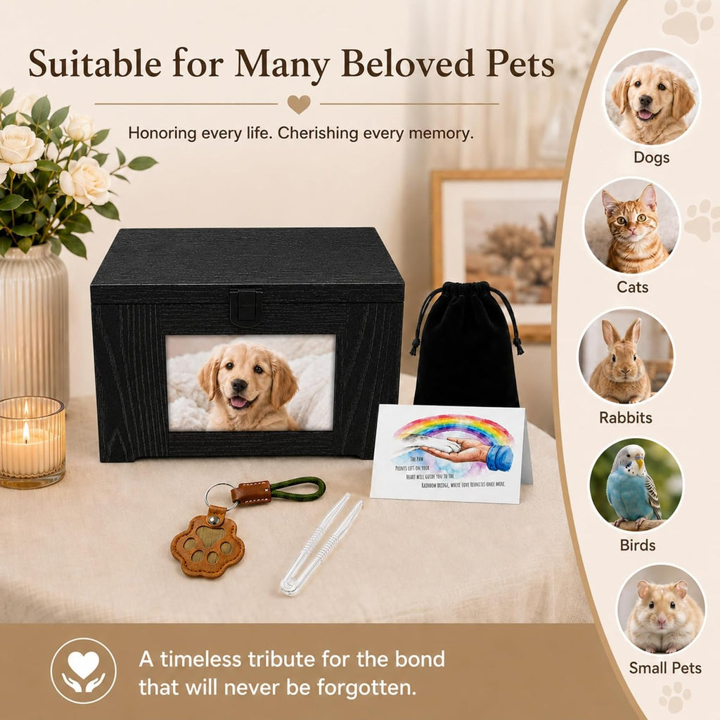 Dog Urn for Ashes - Wood Pet Cremation Box with Photo Frame, Cat Dog