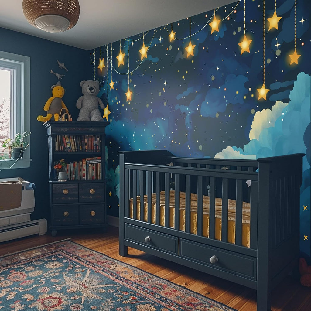 Starry Sky Peel and Stick Wallpaper Mural, Night Celestial Blue | Seamless edge-to-edge match for easy DIY. Starry