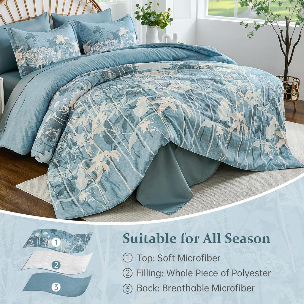 Blue Floral Comforter Set King, 7 Piece Dandelion Botanical Plant Comforter Bedding Set, Bed in a Bag King