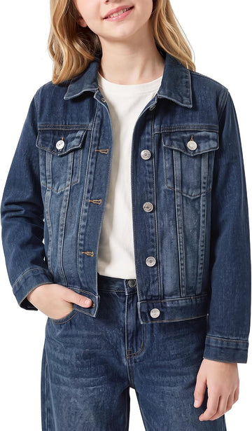 Girls Jean Jacket Long Sleeve Front Button Collared Denim Outerwear