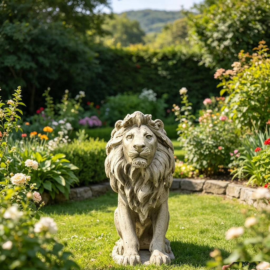 Garden Outdoor Statues Lion Statue - 20Inch Garden Decor Statue Antique Lion Stone with Long Hair Outdoor Indoor