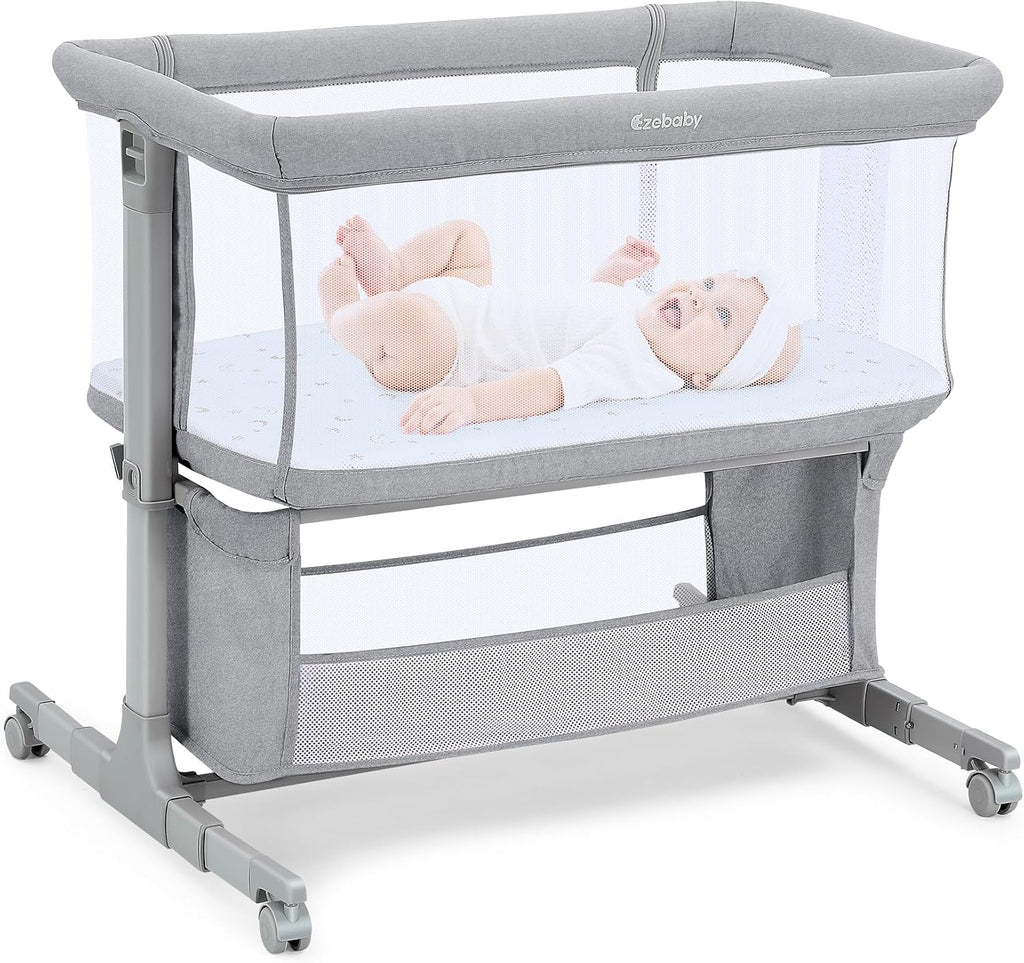 Bedside Bassinet for Baby, Portable Baby Bassinet Bedside Sleeper for Newborn Infants with Wheels Storage Basket