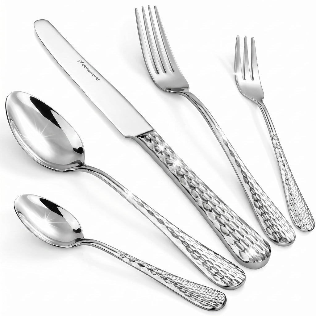 Stainless Steel Flatware - Hammered Design 40 Piece Cutlery Set