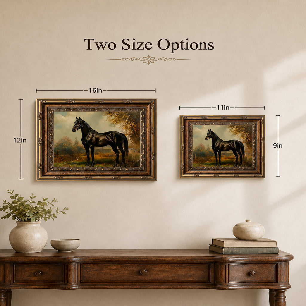 Vintage Gold Framed Black Horse Canvas Wall Art 12x16in