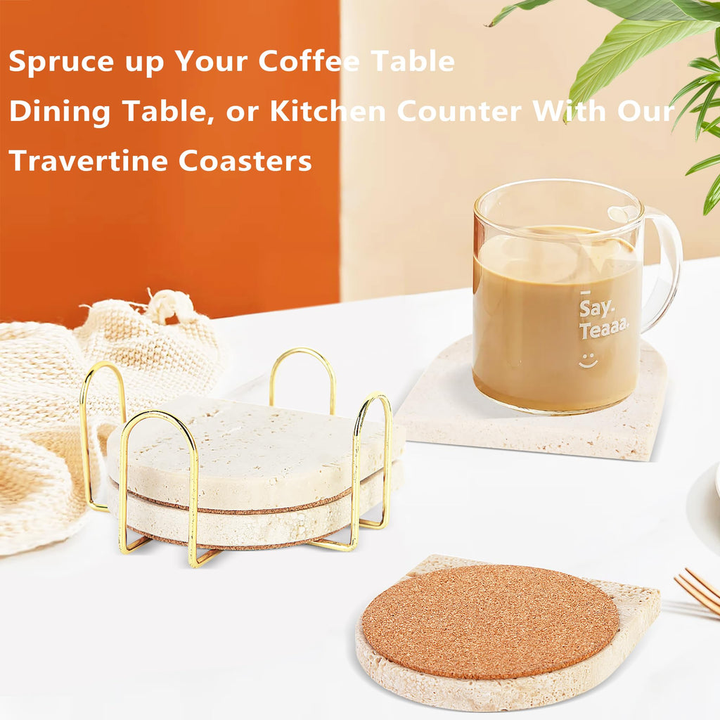 4Pcs Travertine Coasters with Nature Limestone Material and Gold Metal Holder, 4"Diameter Toast Arch Shape Bar