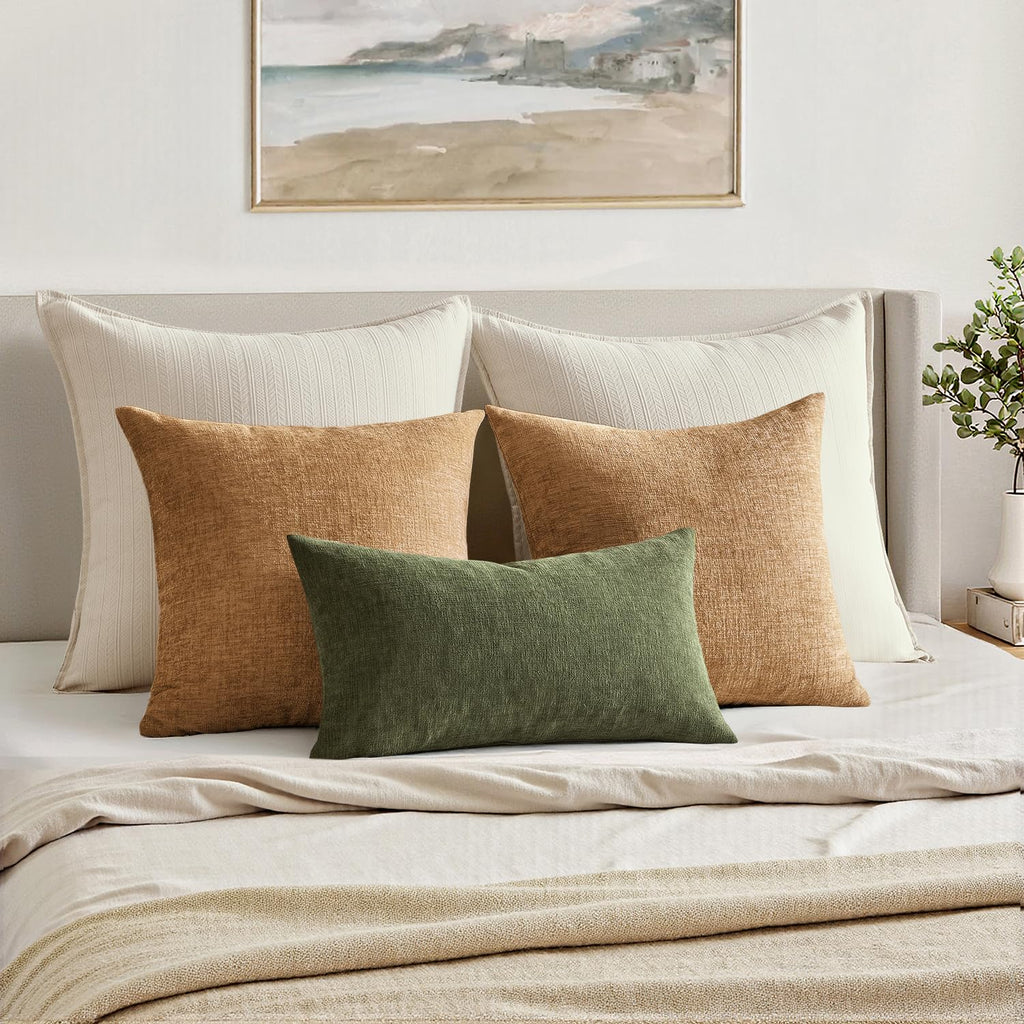 Olive Green Chenille Couch Lumbar Throw Pillow Covers, 12x20