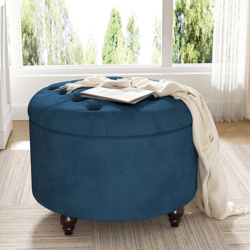 24 Inch Round Storage Ottoman, Modern Tufted Ottomans, Circular Coffee Table with Removable Top, Upholstered Large