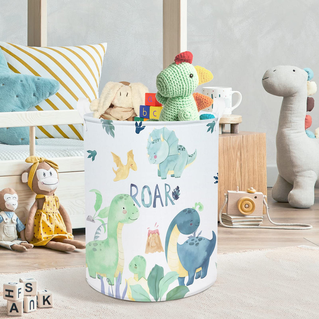 45L Cartoon Green Dinosaur Laundry Basket with Handle Round Bedroom Bathroon Toys Clothes Storage Basket