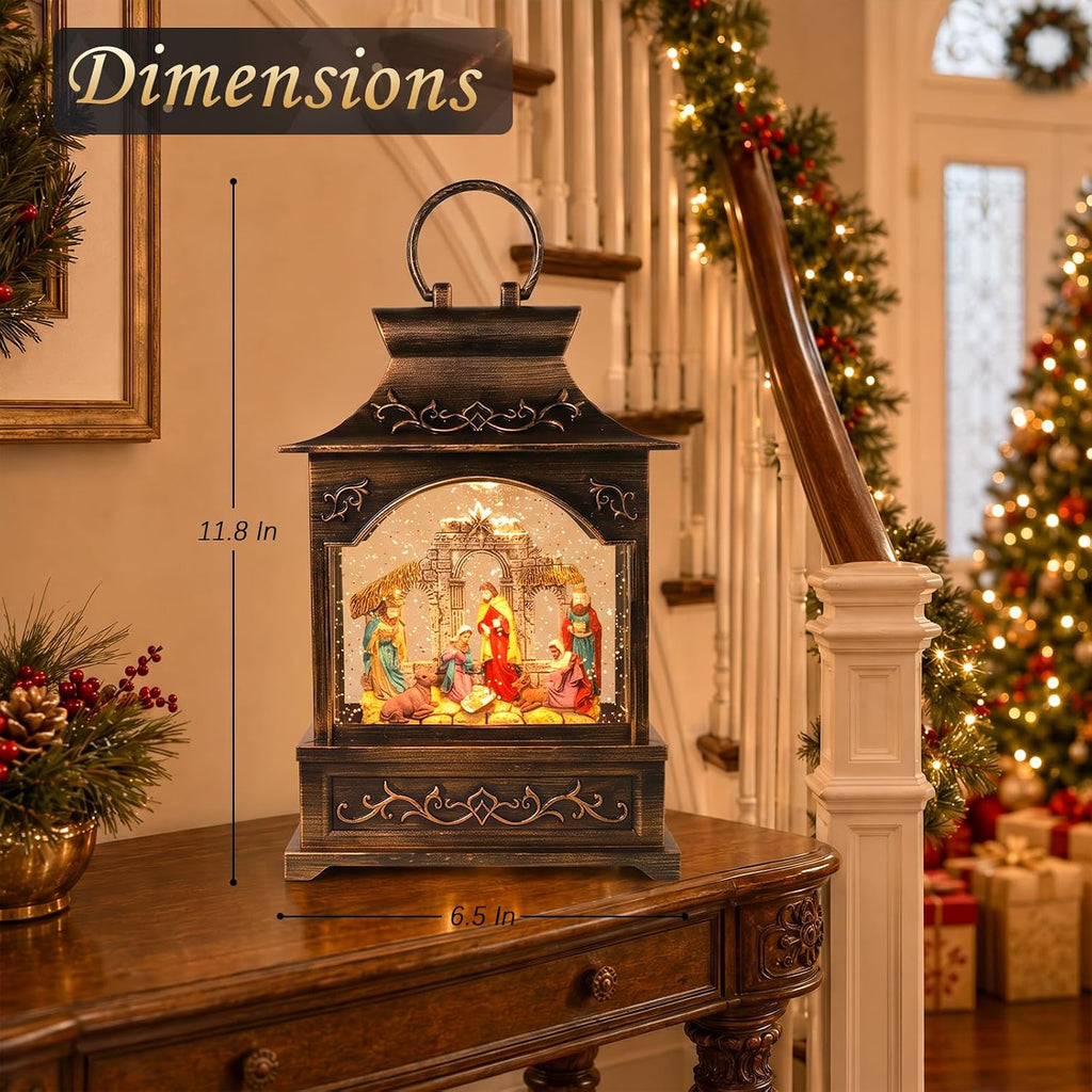 Christmas Nativity Snow Globe Lantern with Music Lights Swirling Glitter
