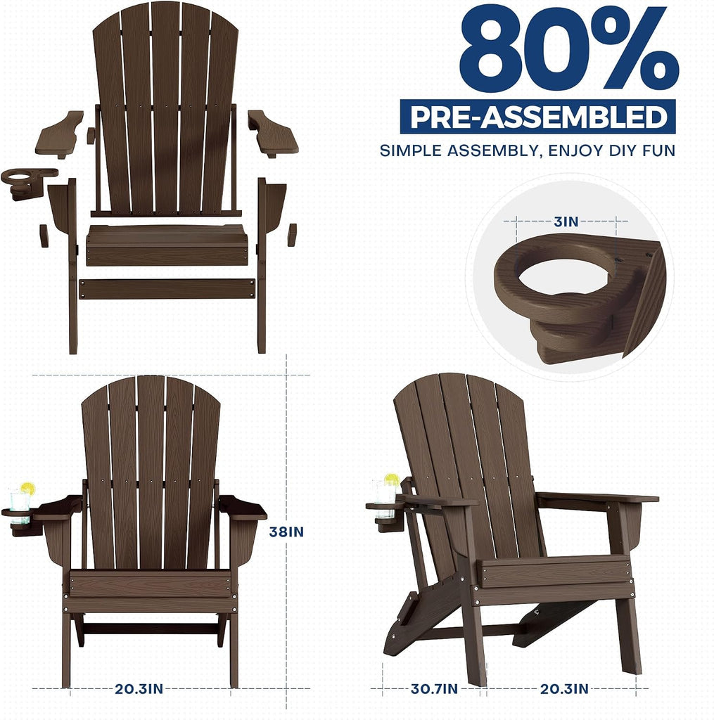 HDPE Folding Adirondack Chair with Cup Holder, Coffee | All-Weather Upgraded, Premium Wood Grain Texture,380lbs