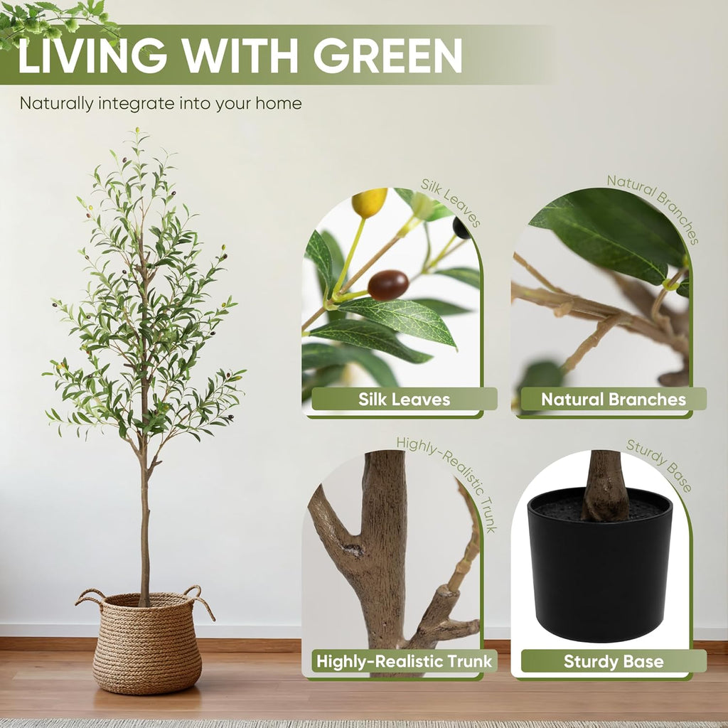 Olive Tree Artificial Indoor, 6 FT Faux Olive Trees with Planter, Fake Tall Plants with Natural Trunk and Lifelike