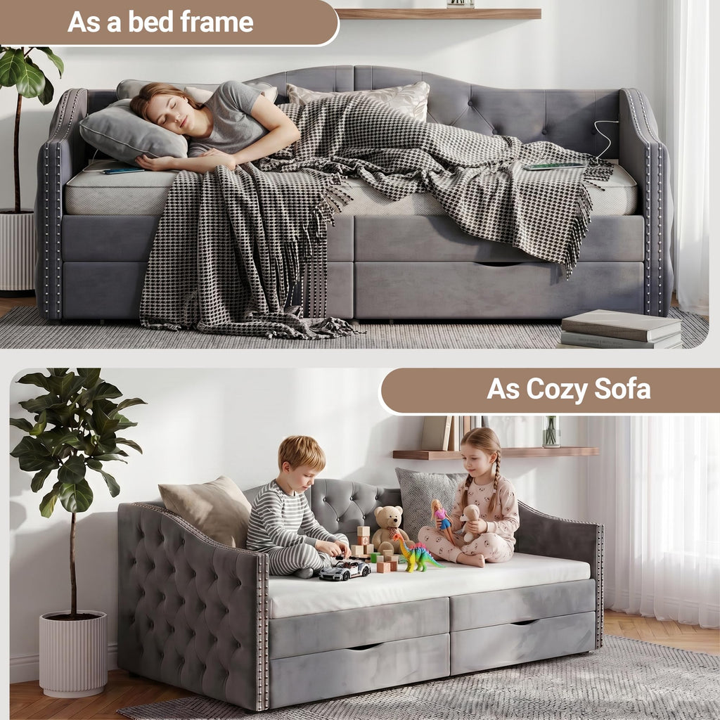 Daybed with Storage Drawers, Full Size Velvet Upholstered Sofa Bedframe w/USB Port, Button Tufted Backrest and