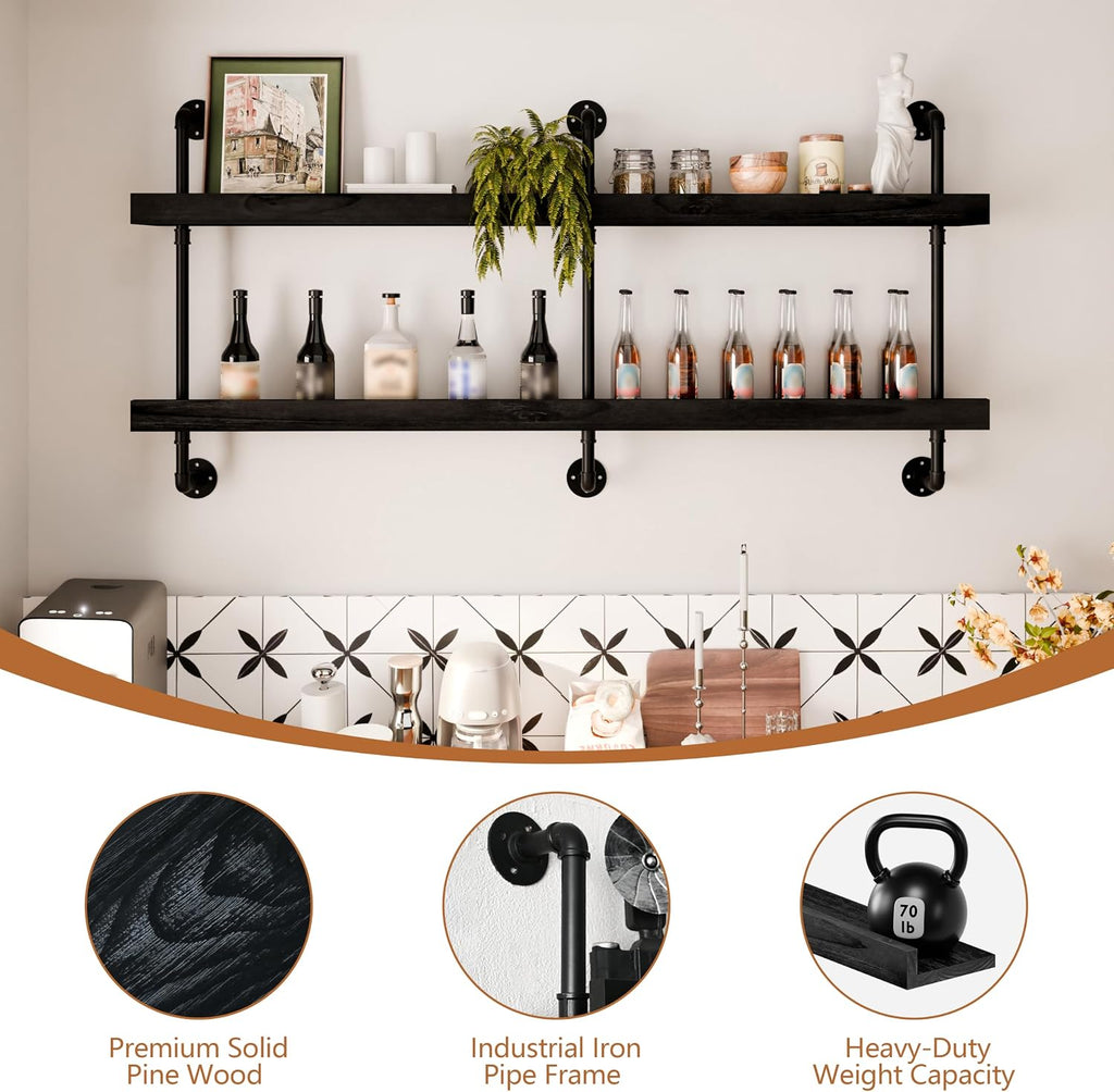 Bar Shelves, Wall Mounted Wine Rack, Black, 60 Inch | 2 Tier, Industrial style, Solid pine shelves, black pipe