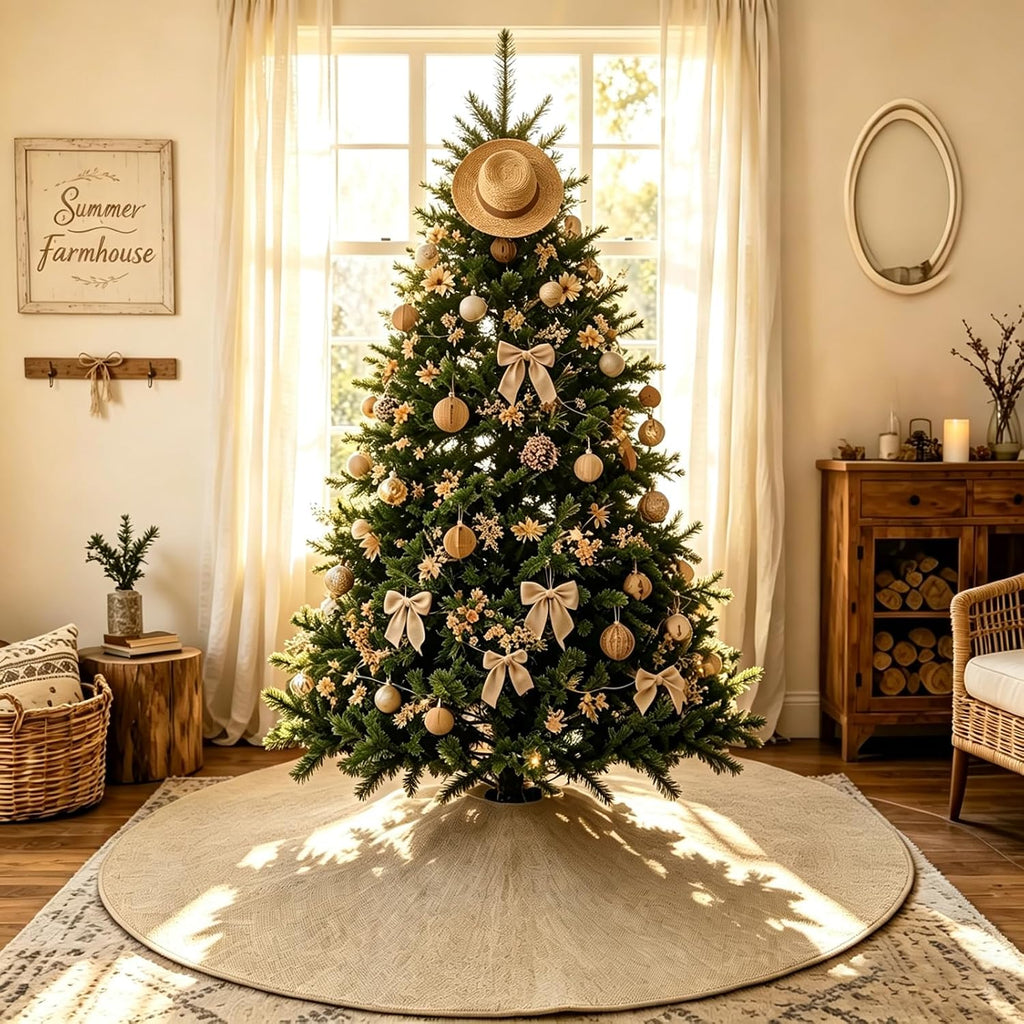 Burlap Fall Christmas Tree Skirt, 48'' Large Jute Linen Tree Decorations