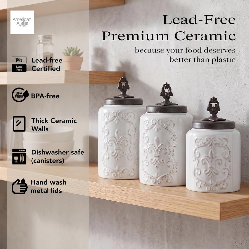 Ceramic Kitchen Canister Set Fleur De Lis w/ Lids - Set of 4