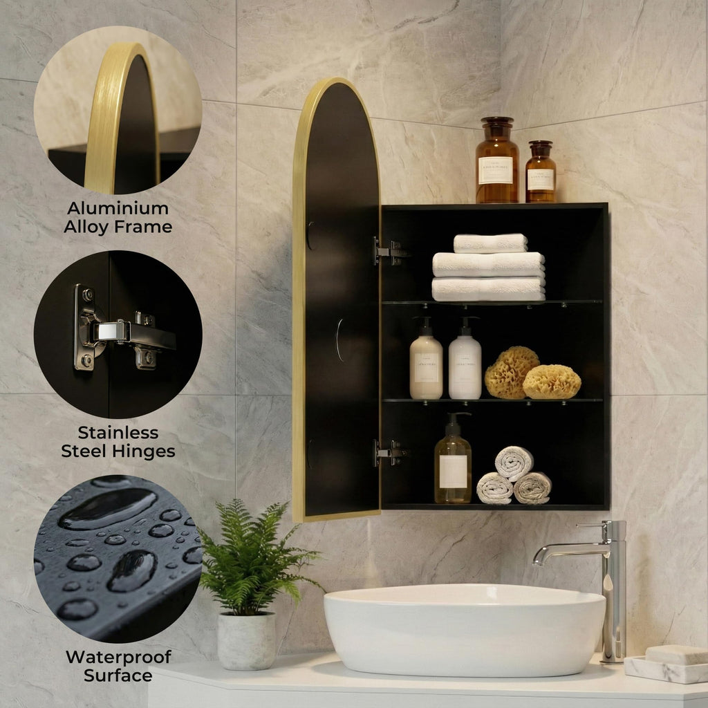 LED Corner Medicine Cabinet with Mirror, One-Touch Defogger, Arched Wall Mount Corner Bathroom Mirrored Cabinets