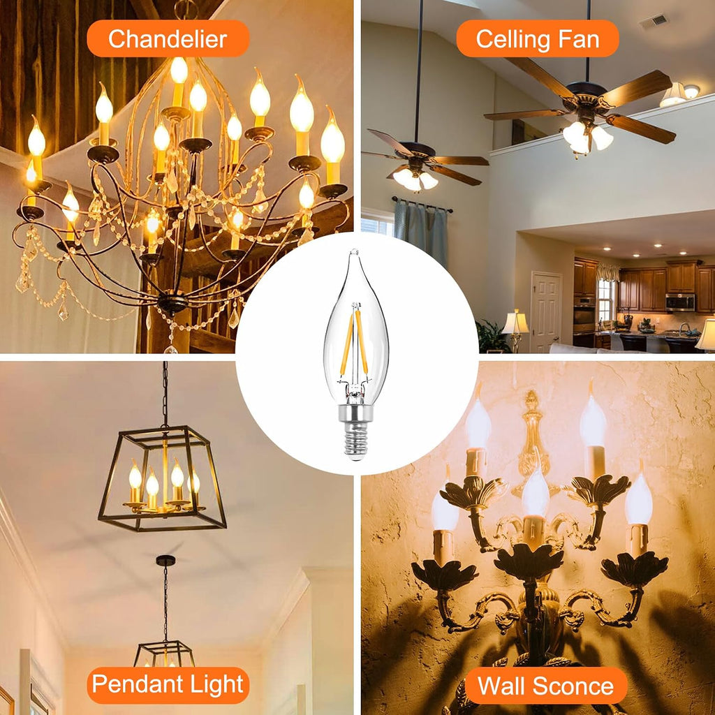 6x1.5 Watt LED Warm White Ceiling Fan Light Bulbs 20W Equivalent C32 Chandelier Light Bulbs Bright and Lasting 110