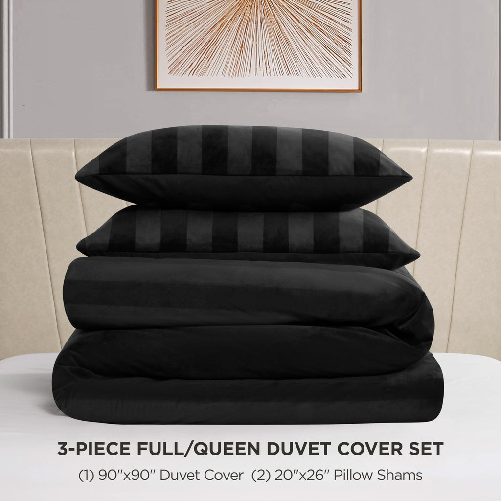 Jenny Velour Striped Jacquard Queen/Full Size Duvet Cover Bedding Set Ensemble - Black 3 Piece Set