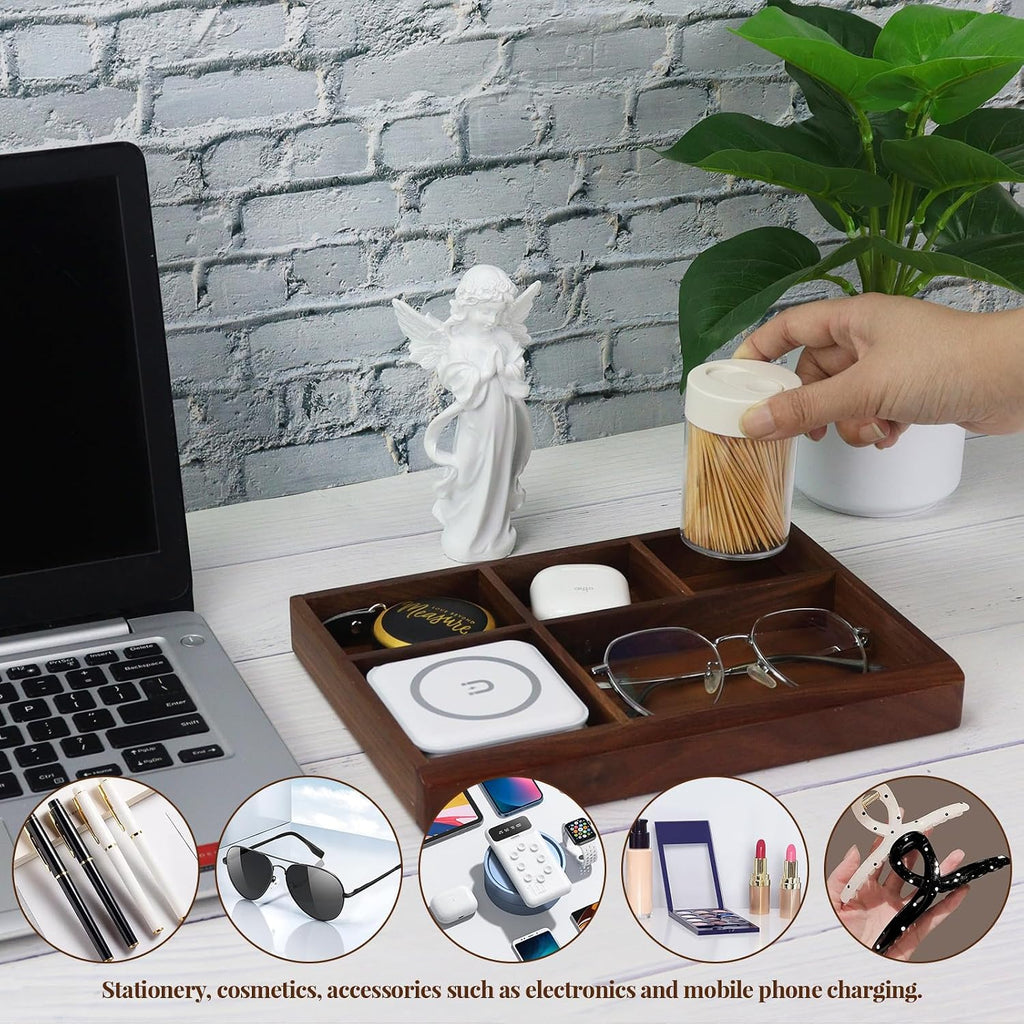 5-Slot Walnut Valet Tray, Wooden Nightstand & Desk Organizer