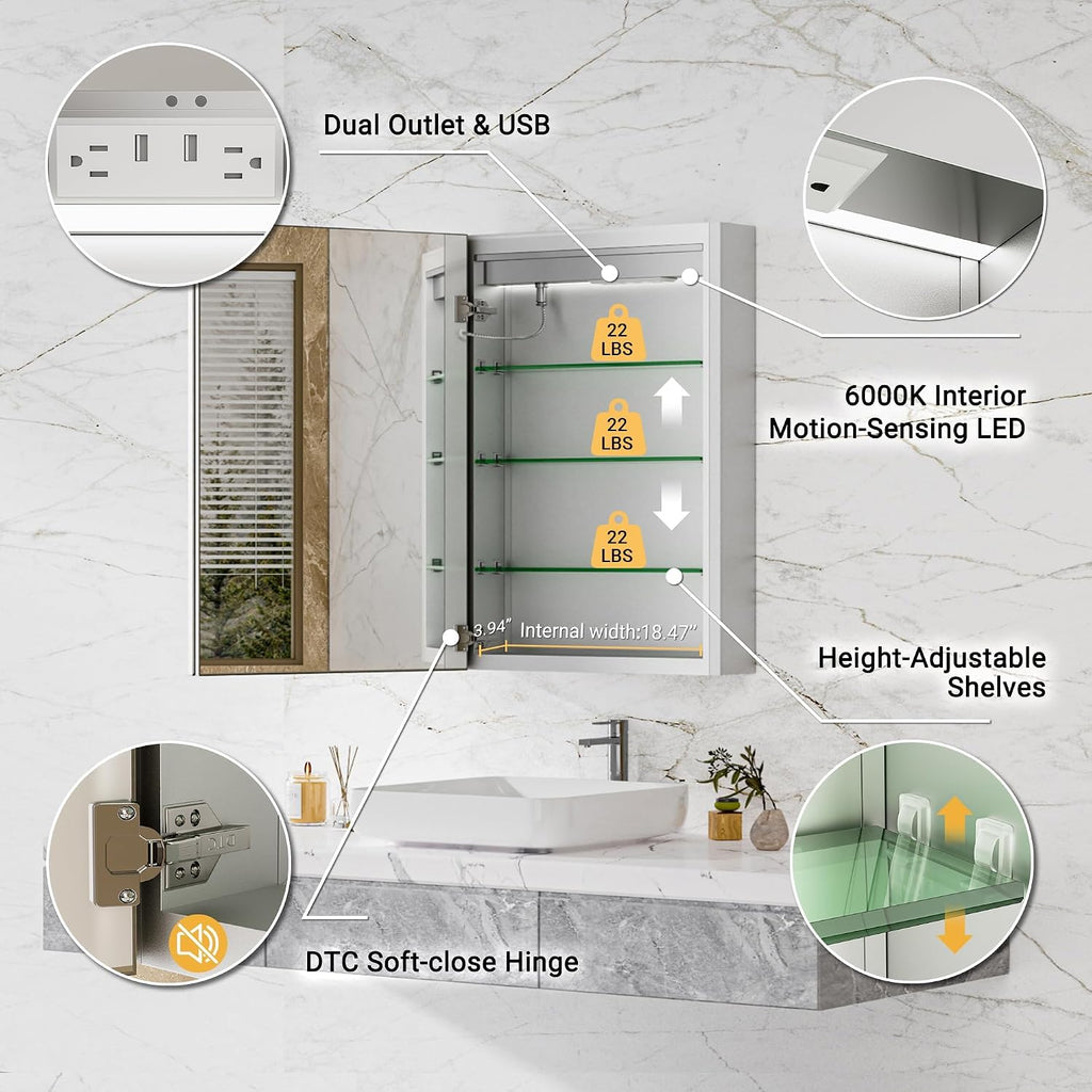 20x26 LED Medicine Mirror Cabinet, Beveled Brushed Nickel Frame | Lighted Aluminum Bathroom Cabinet, Surface or
