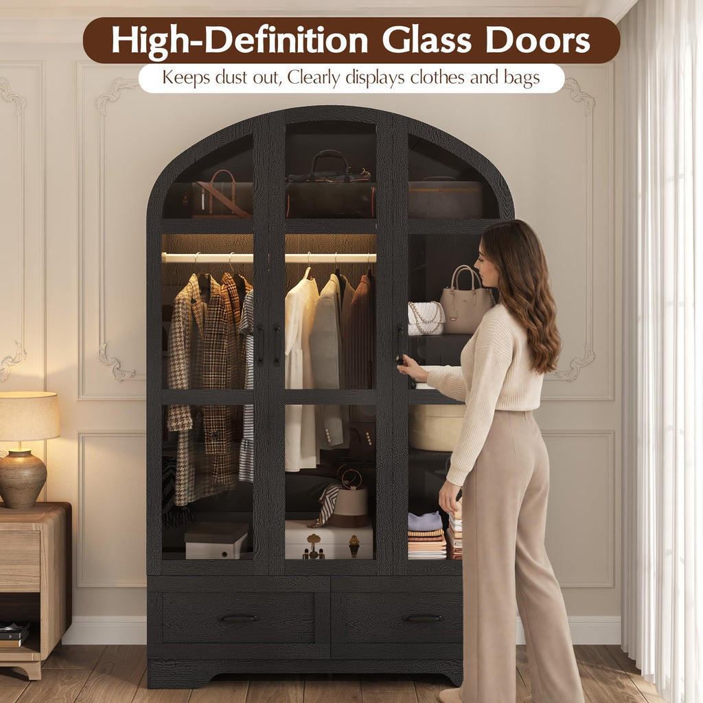 75"Arched Wardrobe Closet with 3 Doors, Bedroom Armoire with LED & Drawers