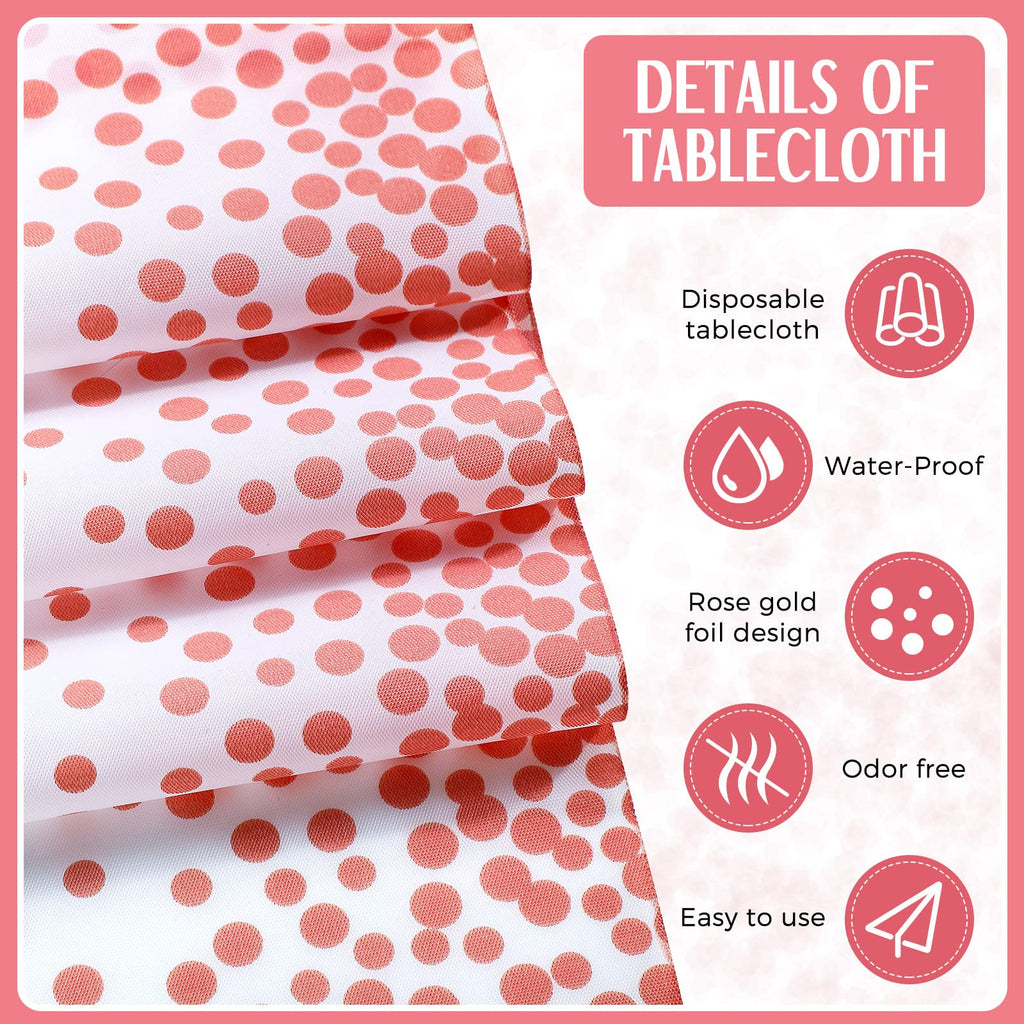 16 Pack White and Rose Gold Plastic Tablecloths Satin Runner Set