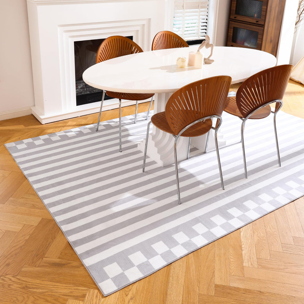 Gray Striped Area Rug Washable Low Pile Carpet