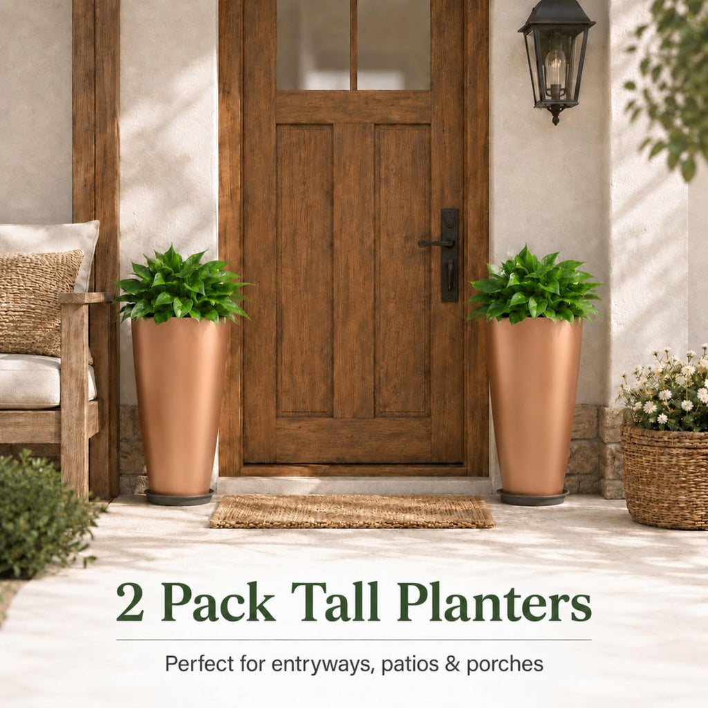 Set of 2 Tall Planter, 21 inch Large Plastic Planter, Rose Gold