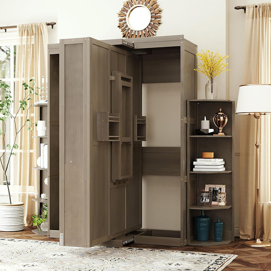 Full Murphy Bed with Convertible Desk&Dual 3-Tier Side Shelves&Extra Storage Racks, Wooden Rotating Hidden Wall