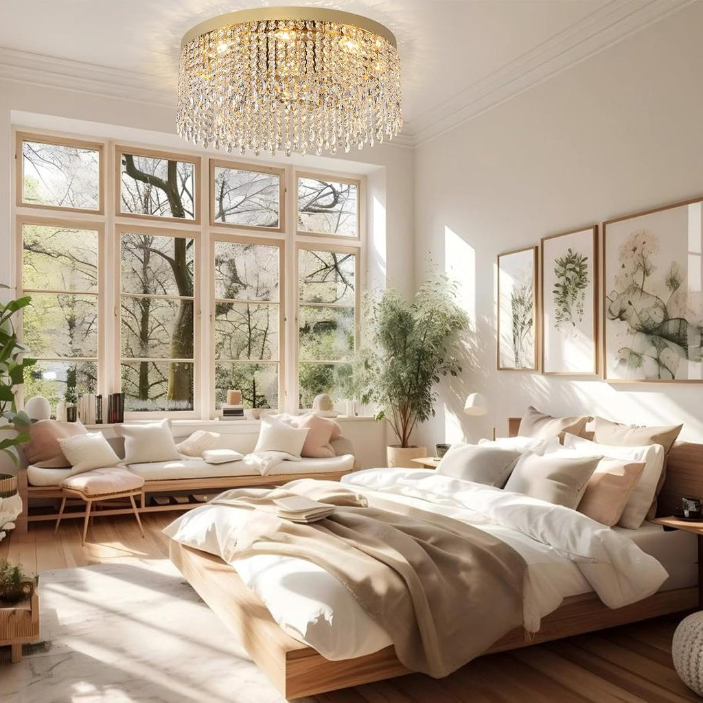 Modern Crystal Chandelier 24 inch Large Gold Chandeliers Ceiling Light Round Raindrop Chandeliers Flush Mount