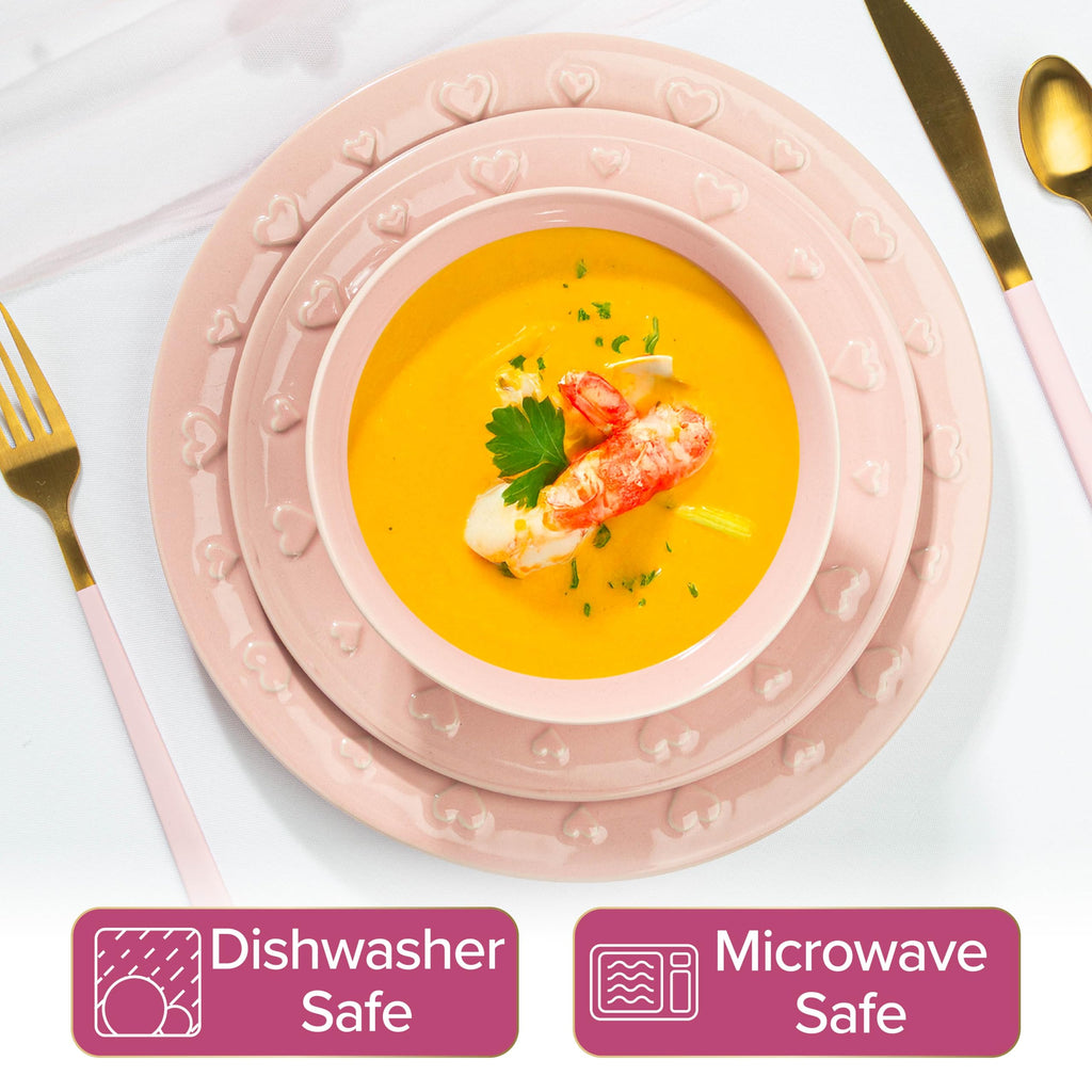 12-Piece Dinnerware Set, Embossed Hearts. Iconic Ceramic Stoneware Service for 4 with Dinner Plates, Salad Plates