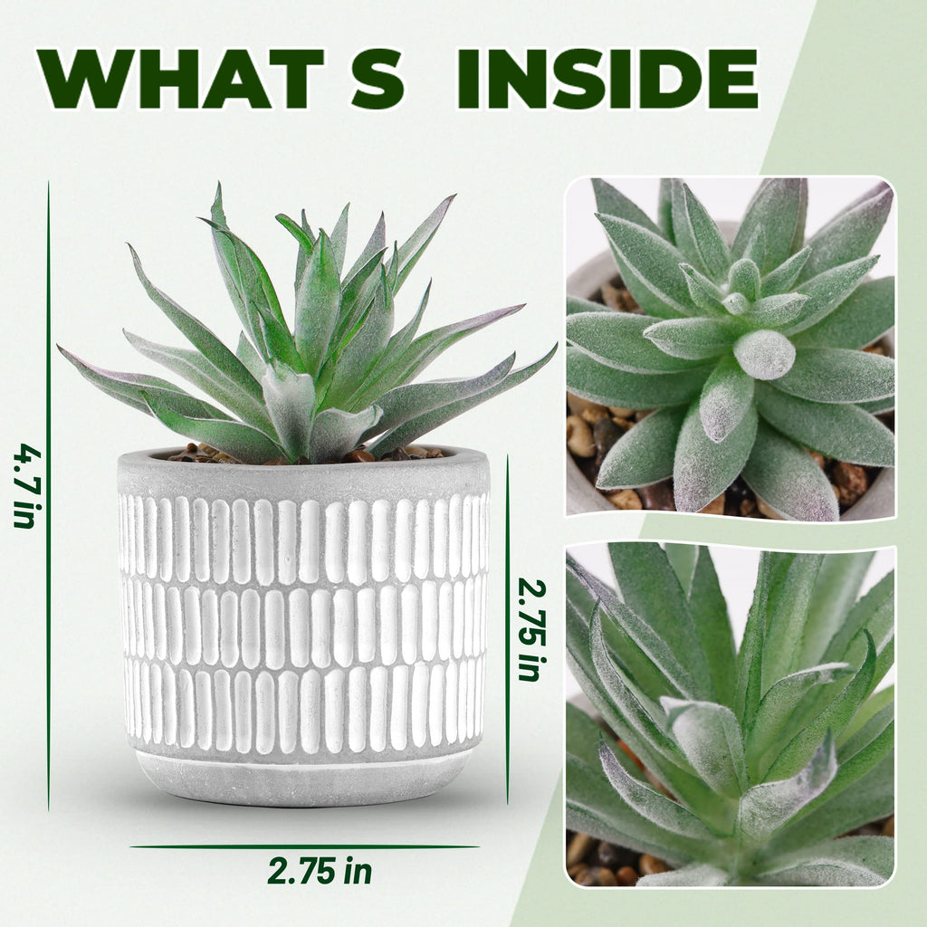 2 Pack Fake Succulents in Striped Ceramic Pots for Shelf Decor