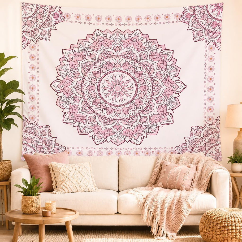 Pink Mandala Tapestry Aesthetic, Boho Art Large Wall Hanging