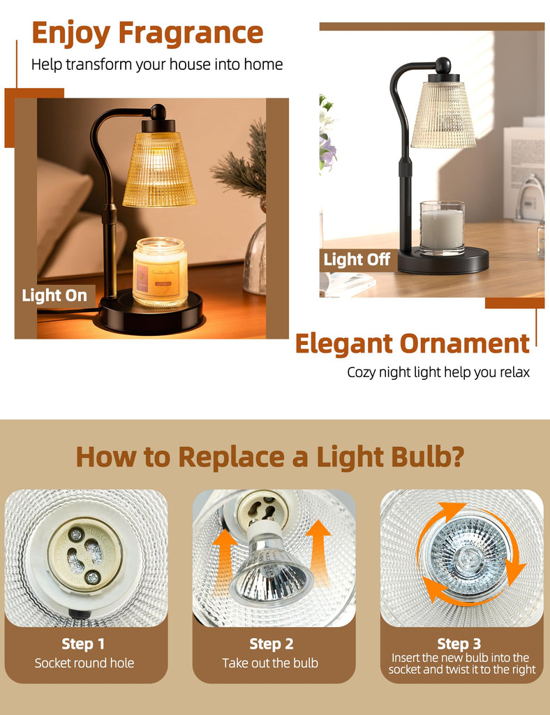 Candle Warmer Lamp for Jar Candles, Height Adjustable & Dimmable with 2/4/8H Timer, 2*50W Halogen Wax Melter Warmer
