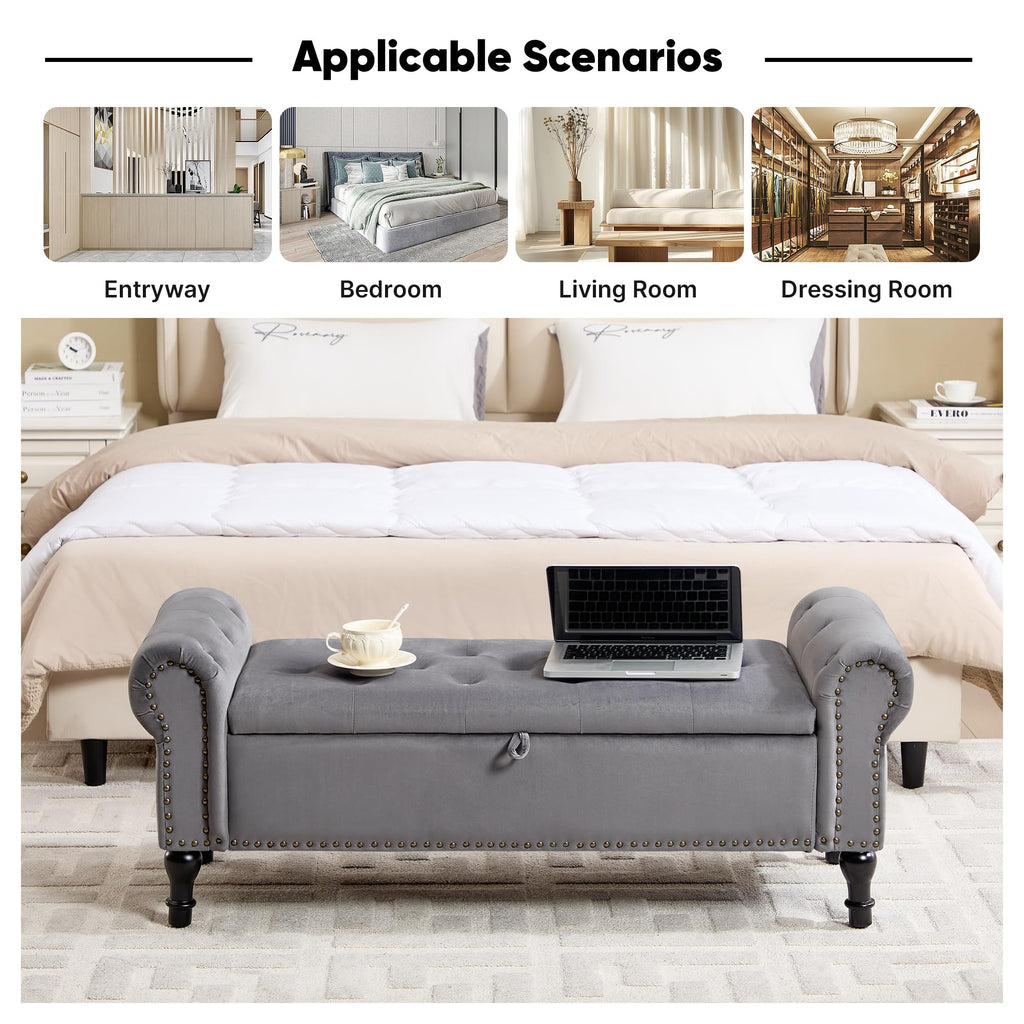 51" Storage Bench, Velvet End of Bed Bench, Queen Size Bench with Rolled Arms, Tufted Storage Ottoman Benches
