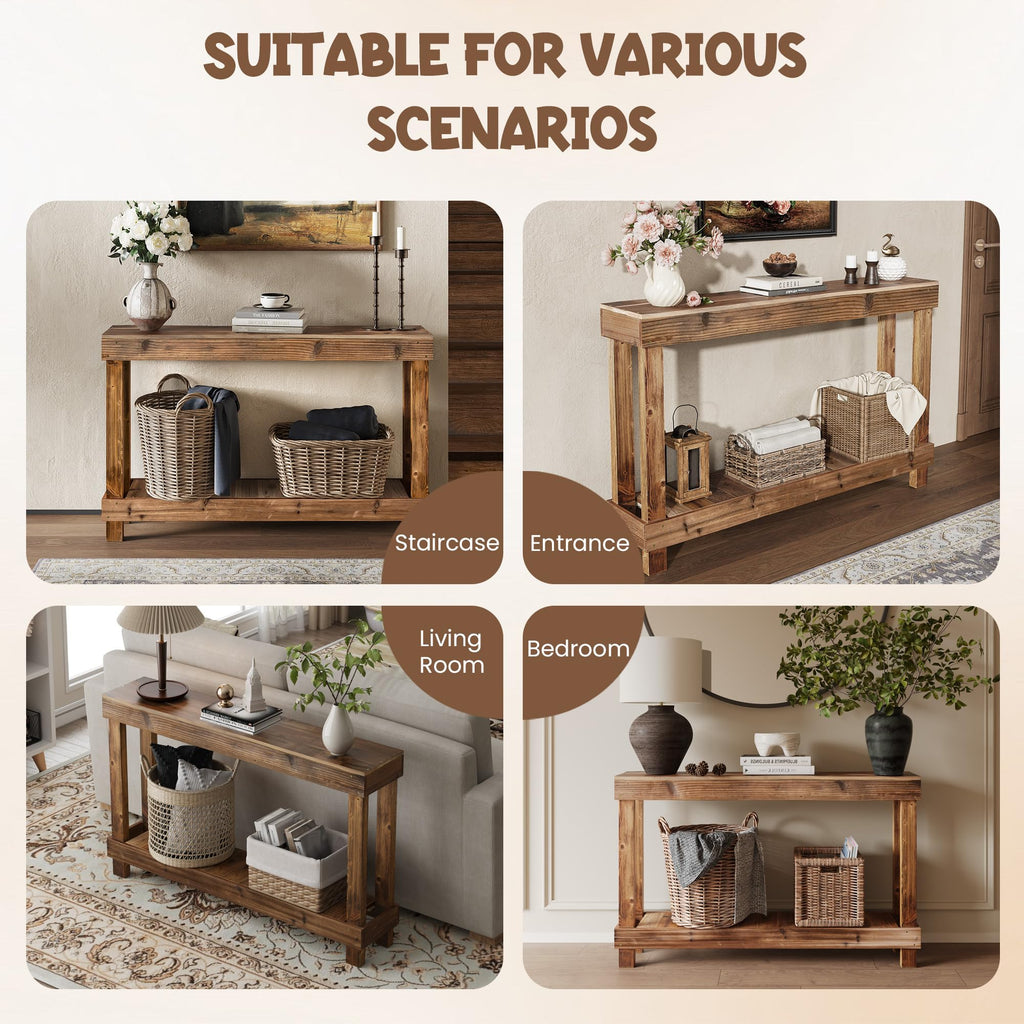 46" Long Farmhouse Console Table, Solid Wood, Natural Brown