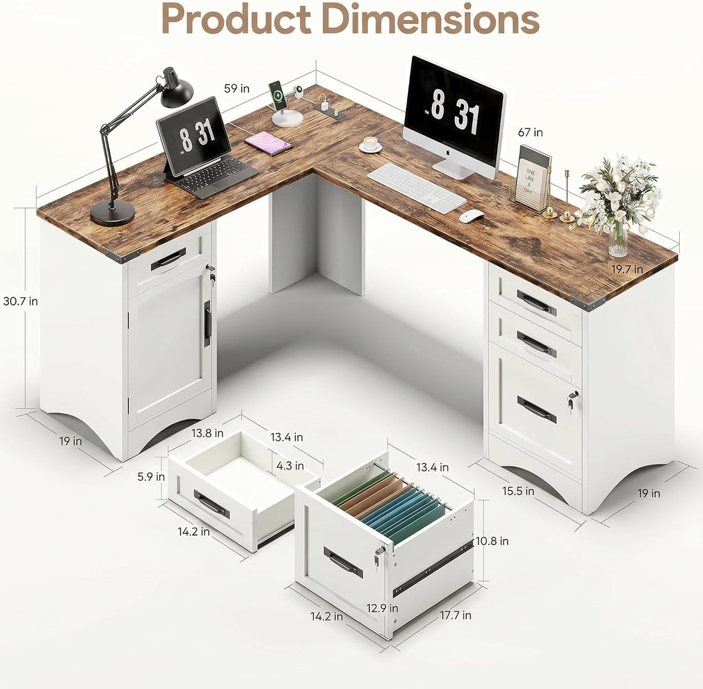 67" Farmhouse L Shaped Standing Desk with Drawers Home Office Executive Desks with Fast Charging Station, Lockable