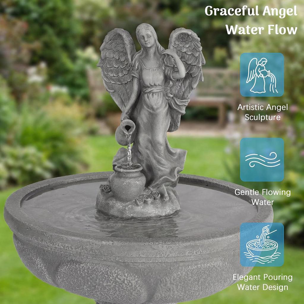 37" Outdoor Water Fountain, Angel Fountain with Pouring Water | Single-Tier Pedestal Water Feature, Resin &